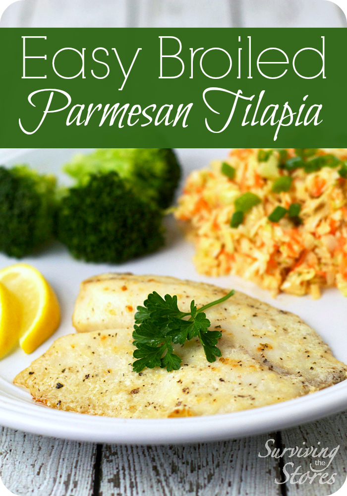 Easy Broiled Parmesan Tilapia! This is a delicious way to quickly prepare a serving of heart-healthy fish - a kid pleaser too!